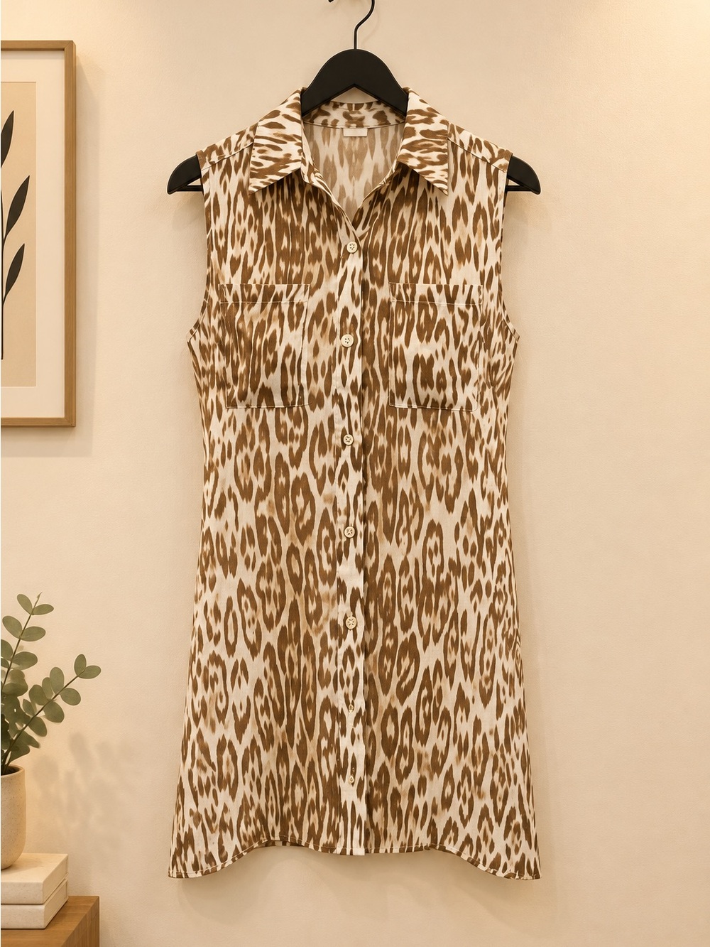Chico's Sleeveless Animal Print Button-Front Dress in Brown and Cream